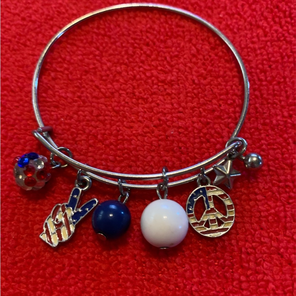 Silver Charm Bangle Bracelet with Blue and White Accents